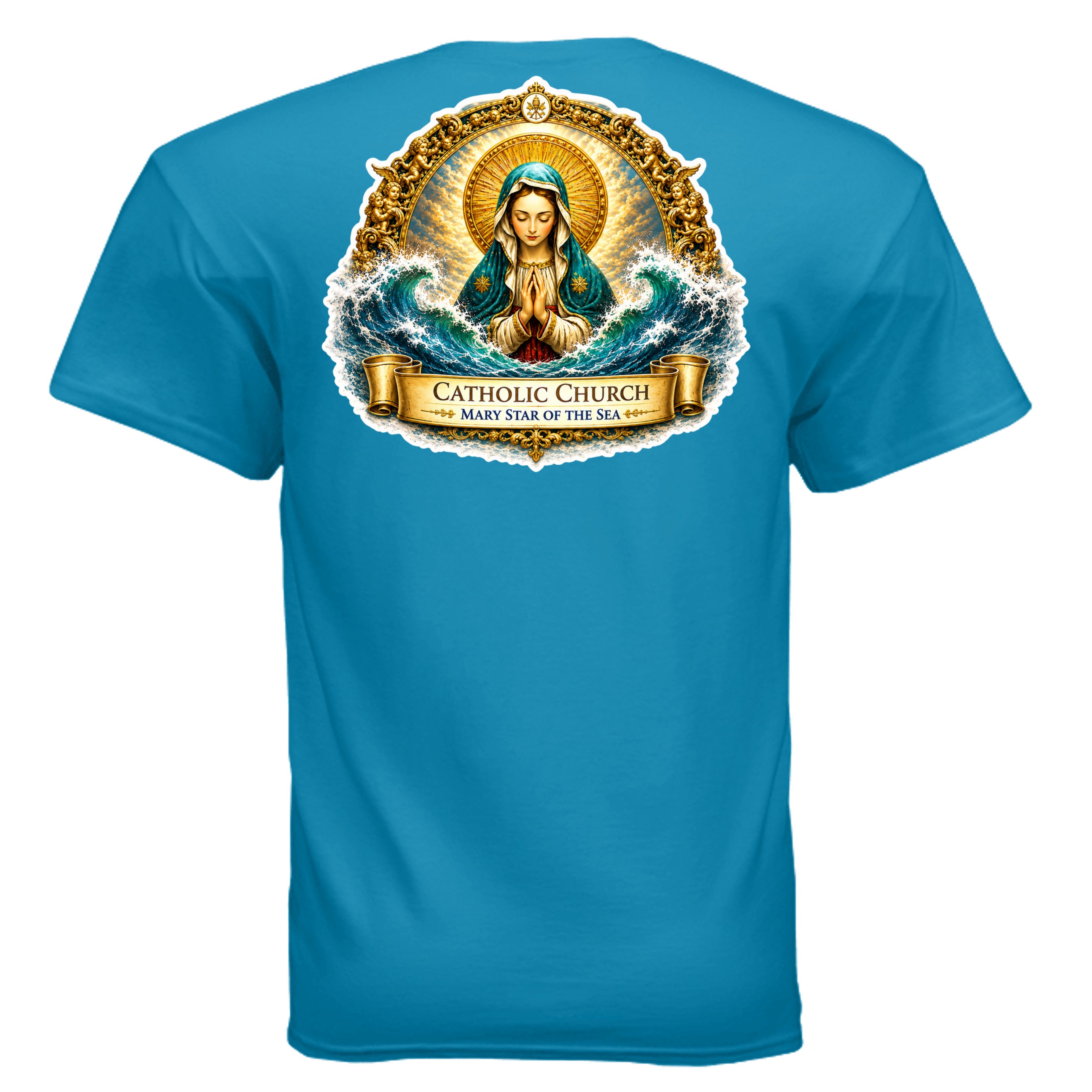 “Back print Catholic coastal Marian shirt with ocean wave artwork”