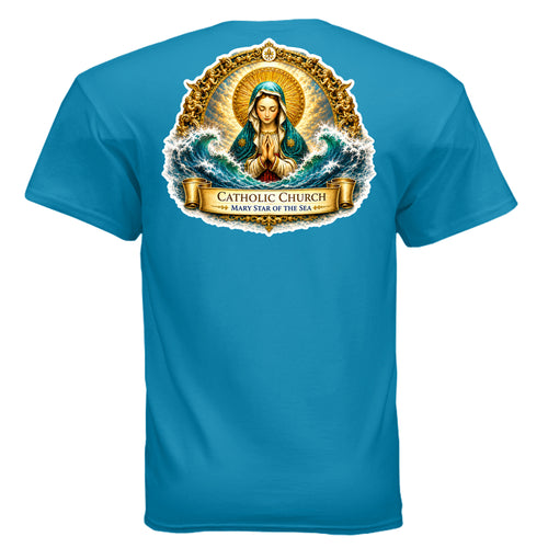 “Back print Catholic coastal Marian shirt with ocean wave artwork”