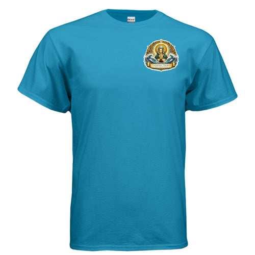 “Blue Catholic Mary Star of the Sea devotional t-shirt front design”